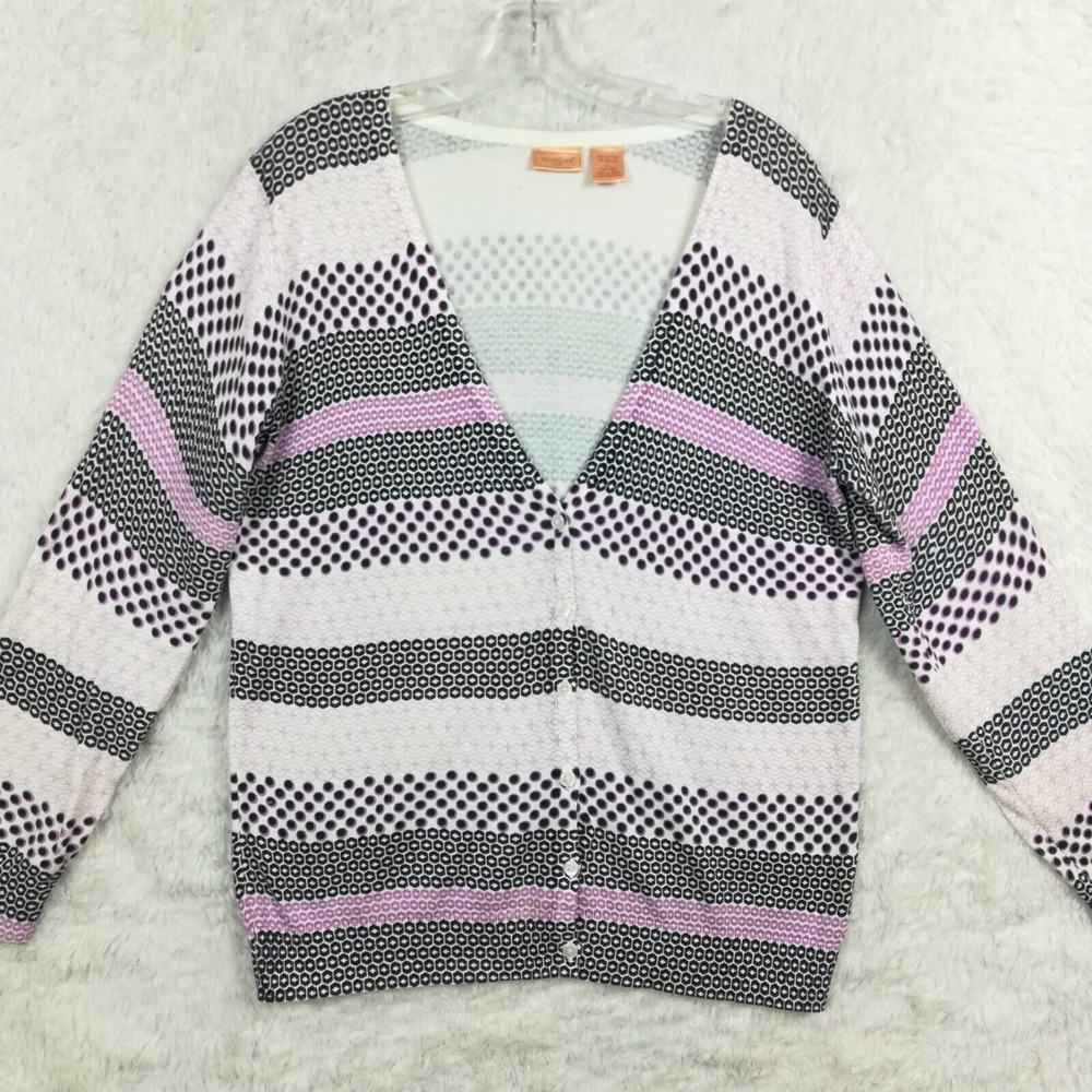 North Crest Womens Cardigan Sweater Purple White Polkadot Micro Print‎ Stripe L